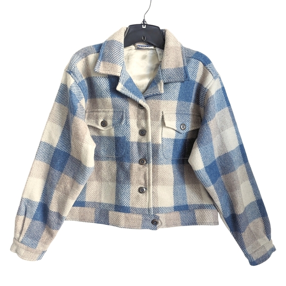 Vintage Blue Cream Beige Check Wool Blend Short Jacket Size Medium - Picture 1 of 7